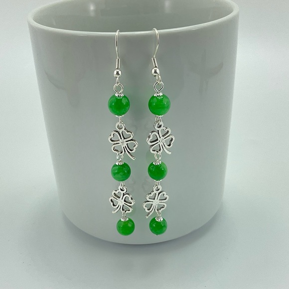 New Shamrock Dangle Earrings, Handmade, St Pats Day, Lucky Clover, Green Stone - Picture 2 of 6